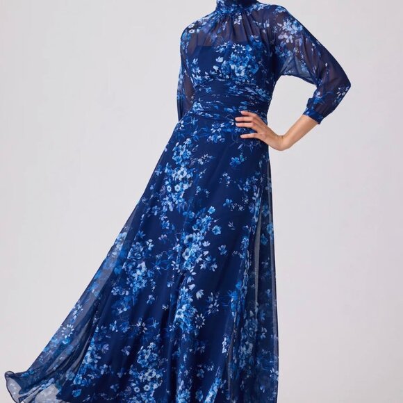 New Teri Jon by Ricki Freeman Mock Neck Chiffon Gown - Picture 1 of 14